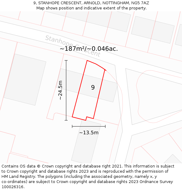 9, STANHOPE CRESCENT, ARNOLD, NOTTINGHAM, NG5 7AZ: Plot and title map