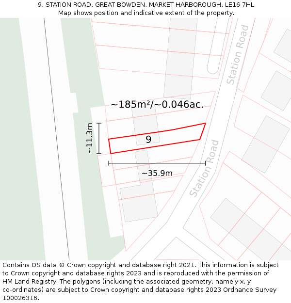 9, STATION ROAD, GREAT BOWDEN, MARKET HARBOROUGH, LE16 7HL: Plot and title map