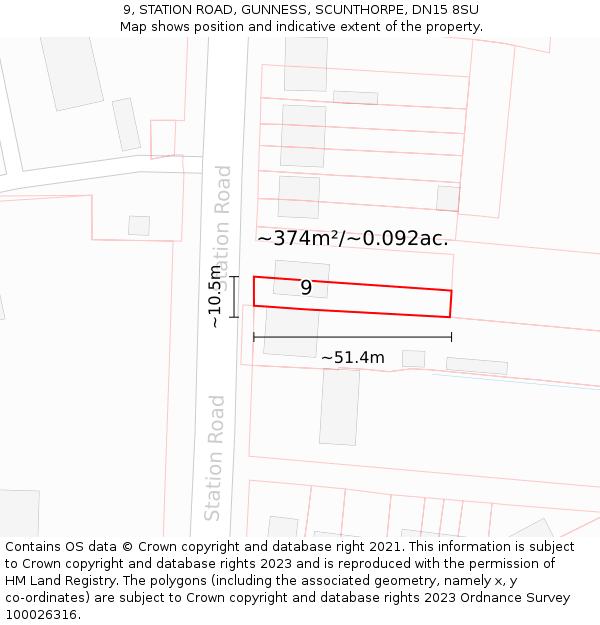 9, STATION ROAD, GUNNESS, SCUNTHORPE, DN15 8SU: Plot and title map