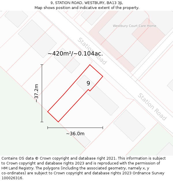 9, STATION ROAD, WESTBURY, BA13 3JL: Plot and title map