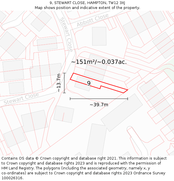 9, STEWART CLOSE, HAMPTON, TW12 3XJ: Plot and title map