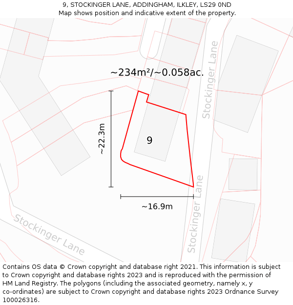 9, STOCKINGER LANE, ADDINGHAM, ILKLEY, LS29 0ND: Plot and title map