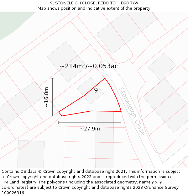 9, STONELEIGH CLOSE, REDDITCH, B98 7YW: Plot and title map