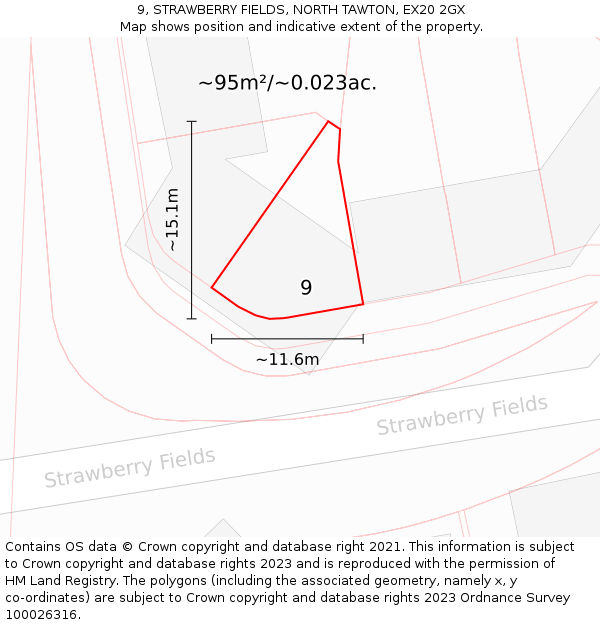 9, STRAWBERRY FIELDS, NORTH TAWTON, EX20 2GX: Plot and title map