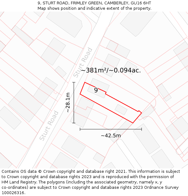 9, STURT ROAD, FRIMLEY GREEN, CAMBERLEY, GU16 6HT: Plot and title map