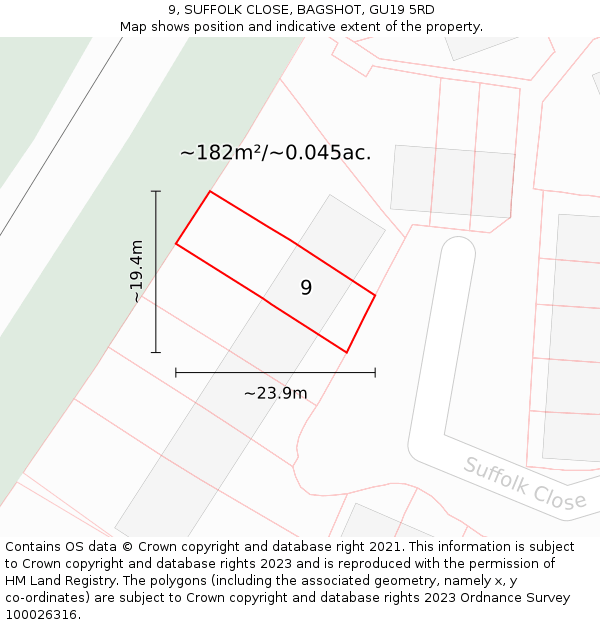 9, SUFFOLK CLOSE, BAGSHOT, GU19 5RD: Plot and title map