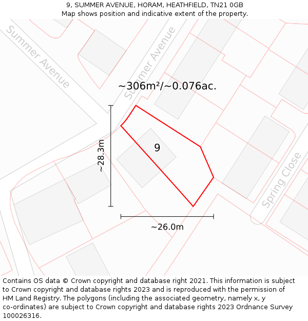 9, SUMMER AVENUE, HORAM, HEATHFIELD, TN21 0GB: Plot and title map