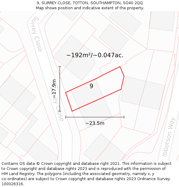 9, SURREY CLOSE, TOTTON, SOUTHAMPTON, SO40 2QQ: Plot and title map