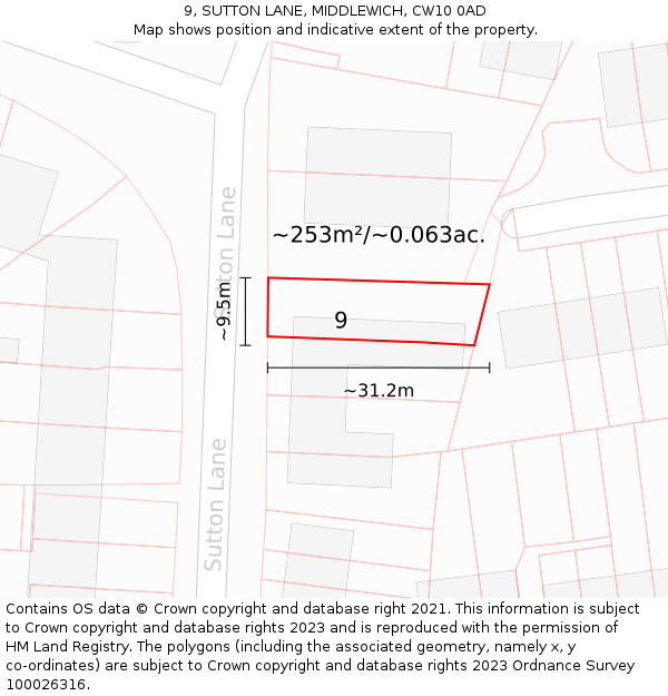 9, SUTTON LANE, MIDDLEWICH, CW10 0AD: Plot and title map