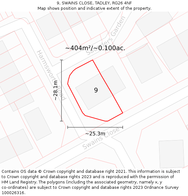 9, SWAINS CLOSE, TADLEY, RG26 4NF: Plot and title map