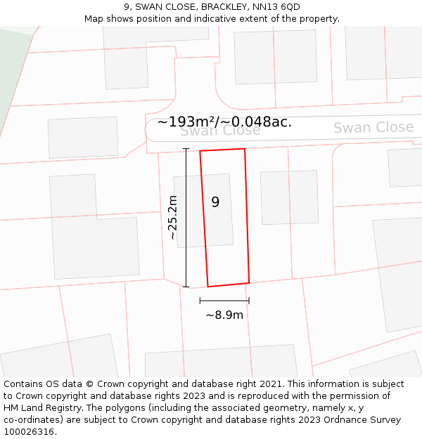 9, SWAN CLOSE, BRACKLEY, NN13 6QD: Plot and title map
