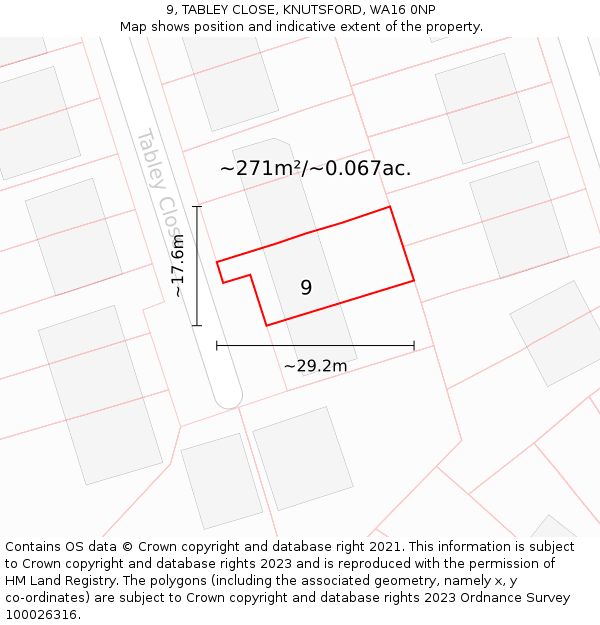 9, TABLEY CLOSE, KNUTSFORD, WA16 0NP: Plot and title map