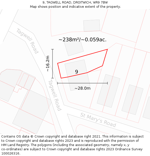 9, TAGWELL ROAD, DROITWICH, WR9 7BW: Plot and title map