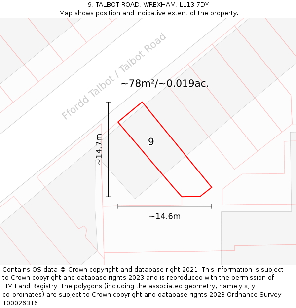 9, TALBOT ROAD, WREXHAM, LL13 7DY: Plot and title map