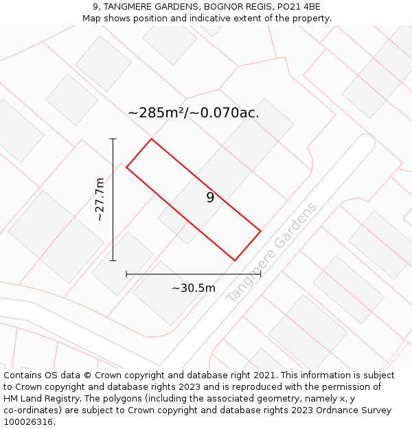 9, TANGMERE GARDENS, BOGNOR REGIS, PO21 4BE: Plot and title map