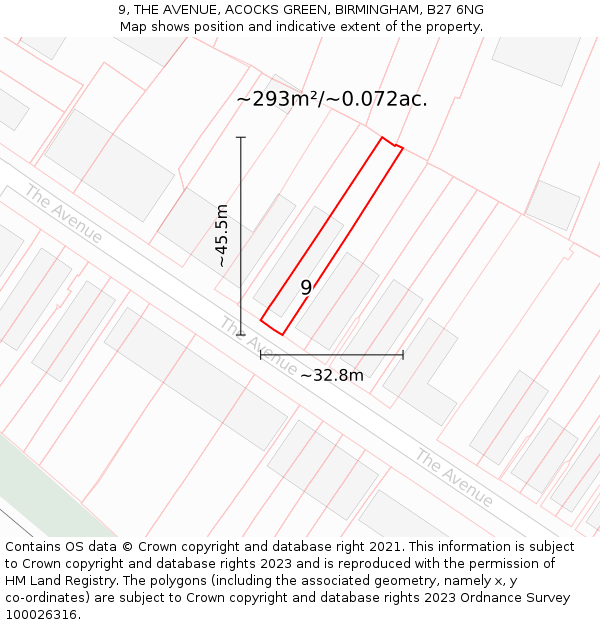 9, THE AVENUE, ACOCKS GREEN, BIRMINGHAM, B27 6NG: Plot and title map