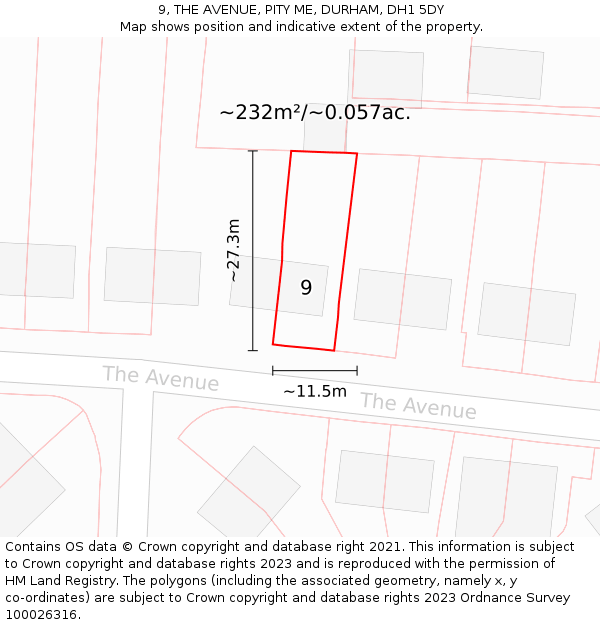 9, THE AVENUE, PITY ME, DURHAM, DH1 5DY: Plot and title map