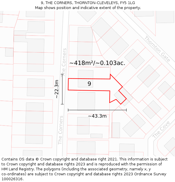 9, THE CORNERS, THORNTON-CLEVELEYS, FY5 1LG: Plot and title map