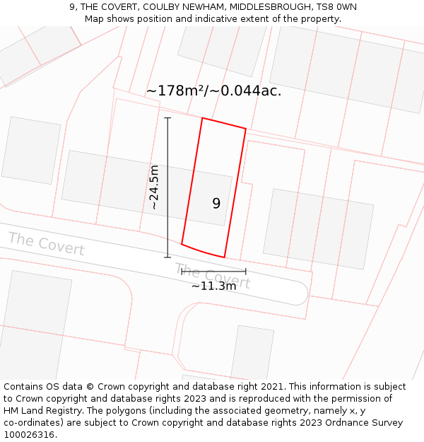 9, THE COVERT, COULBY NEWHAM, MIDDLESBROUGH, TS8 0WN: Plot and title map