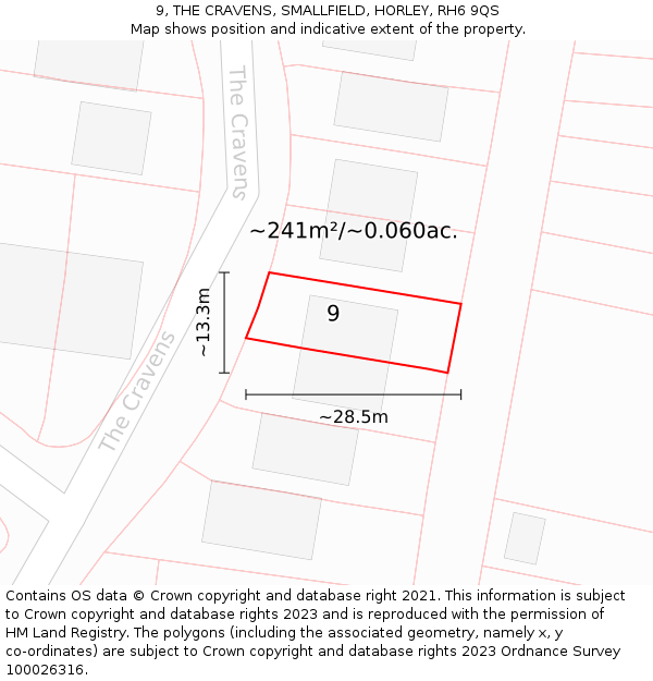 9, THE CRAVENS, SMALLFIELD, HORLEY, RH6 9QS: Plot and title map