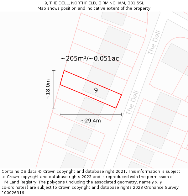 9, THE DELL, NORTHFIELD, BIRMINGHAM, B31 5SL: Plot and title map