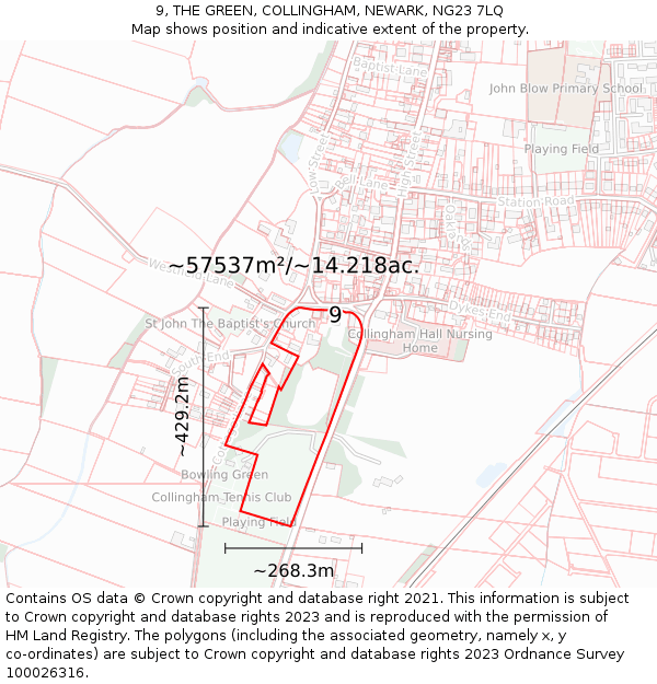 9, THE GREEN, COLLINGHAM, NEWARK, NG23 7LQ: Plot and title map