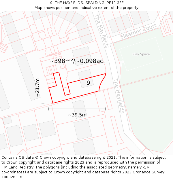 9, THE HAYFIELDS, SPALDING, PE11 3FE: Plot and title map