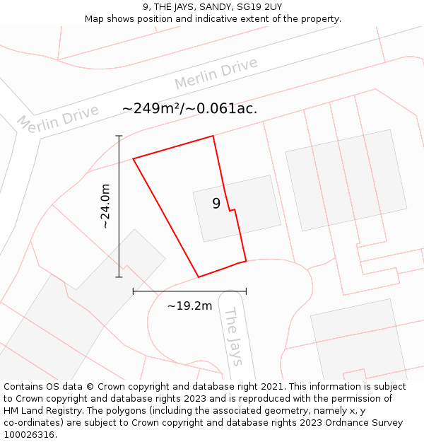 9, THE JAYS, SANDY, SG19 2UY: Plot and title map