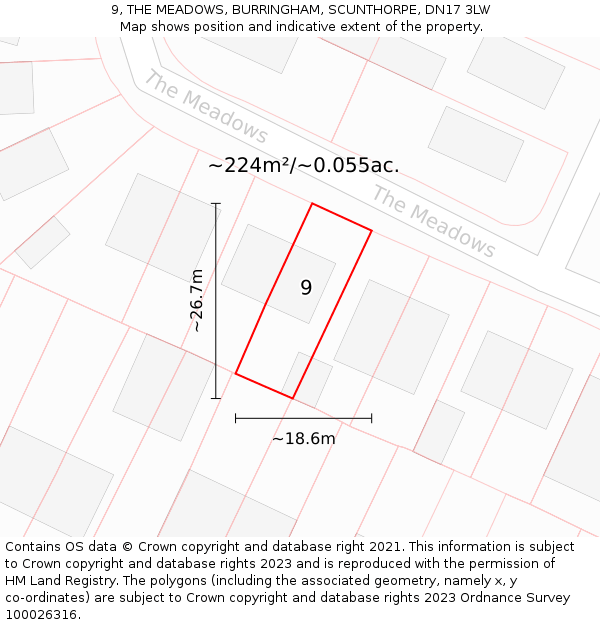 9, THE MEADOWS, BURRINGHAM, SCUNTHORPE, DN17 3LW: Plot and title map