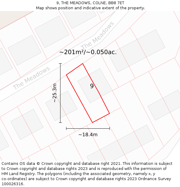 9, THE MEADOWS, COLNE, BB8 7ET: Plot and title map