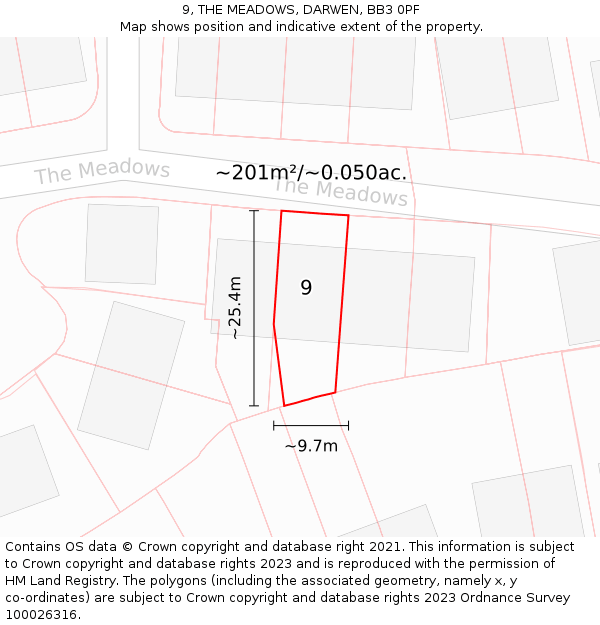 9, THE MEADOWS, DARWEN, BB3 0PF: Plot and title map