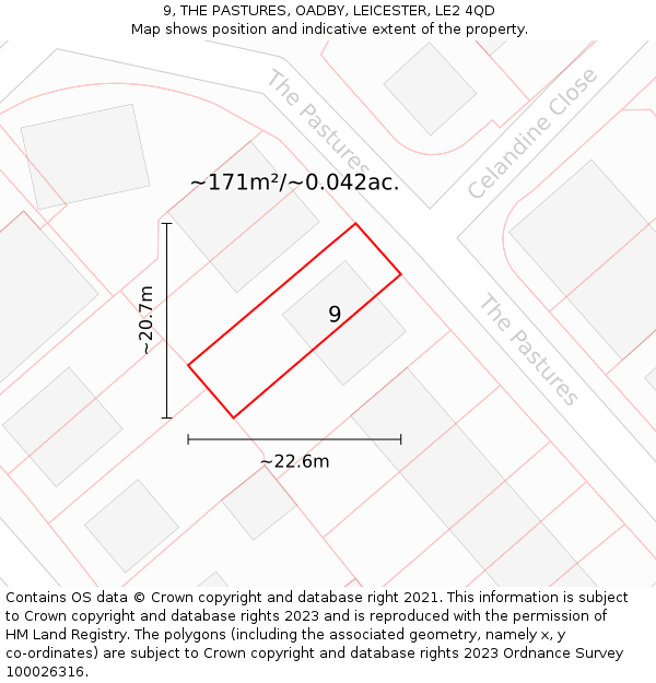 9, THE PASTURES, OADBY, LEICESTER, LE2 4QD: Plot and title map