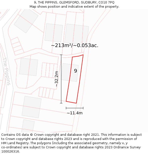 9, THE PIPPINS, GLEMSFORD, SUDBURY, CO10 7PQ: Plot and title map