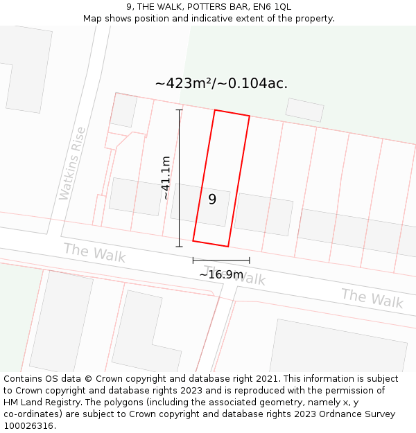 9, THE WALK, POTTERS BAR, EN6 1QL: Plot and title map