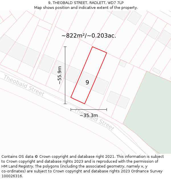 9, THEOBALD STREET, RADLETT, WD7 7LP: Plot and title map