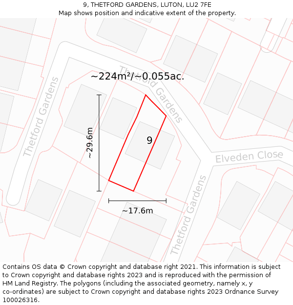 9, THETFORD GARDENS, LUTON, LU2 7FE: Plot and title map