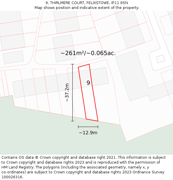 9, THIRLMERE COURT, FELIXSTOWE, IP11 9SN: Plot and title map