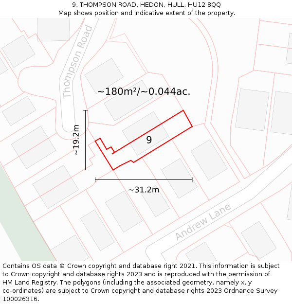 9, THOMPSON ROAD, HEDON, HULL, HU12 8QQ: Plot and title map