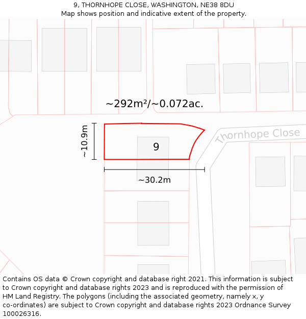 9, THORNHOPE CLOSE, WASHINGTON, NE38 8DU: Plot and title map