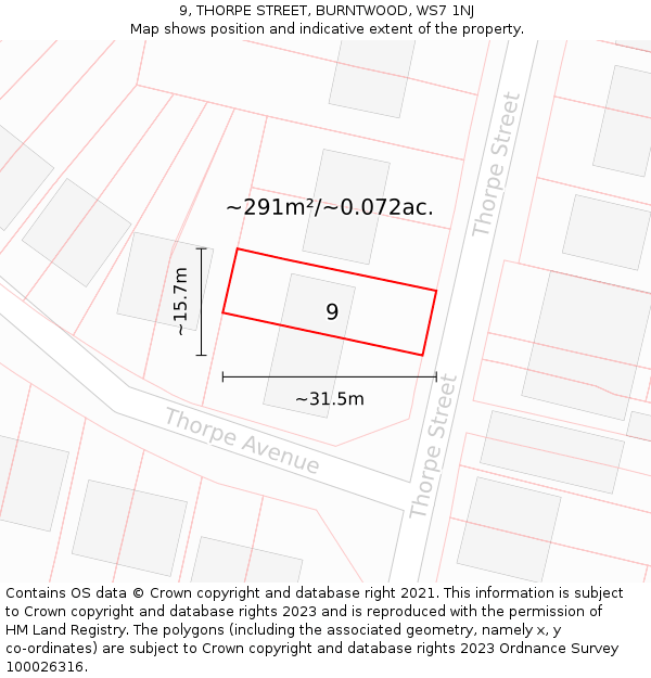 9, THORPE STREET, BURNTWOOD, WS7 1NJ: Plot and title map