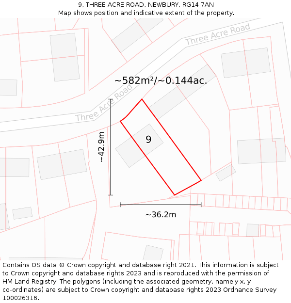 9, THREE ACRE ROAD, NEWBURY, RG14 7AN: Plot and title map