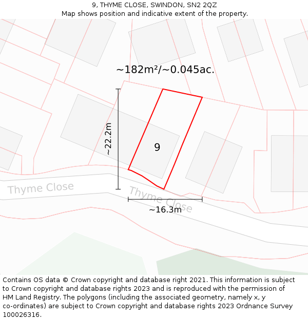 9, THYME CLOSE, SWINDON, SN2 2QZ: Plot and title map