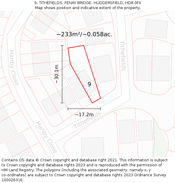 9, TITHEFIELDS, FENAY BRIDGE, HUDDERSFIELD, HD8 0FX: Plot and title map