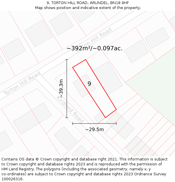 9, TORTON HILL ROAD, ARUNDEL, BN18 9HF: Plot and title map