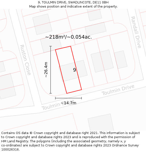 9, TOULMIN DRIVE, SWADLINCOTE, DE11 0BH: Plot and title map