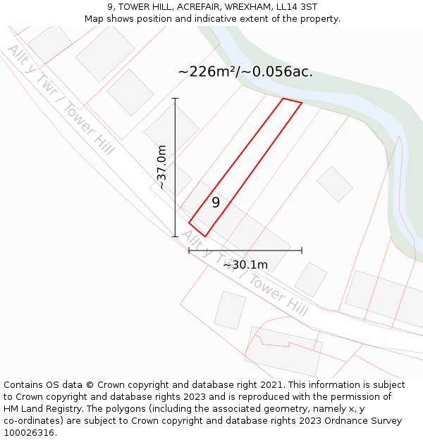 9, TOWER HILL, ACREFAIR, WREXHAM, LL14 3ST: Plot and title map