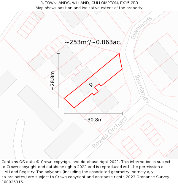 9, TOWNLANDS, WILLAND, CULLOMPTON, EX15 2RR: Plot and title map