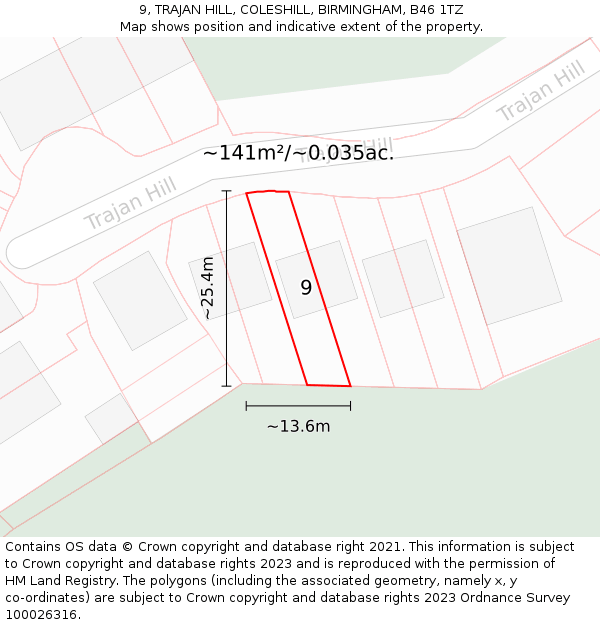 9, TRAJAN HILL, COLESHILL, BIRMINGHAM, B46 1TZ: Plot and title map