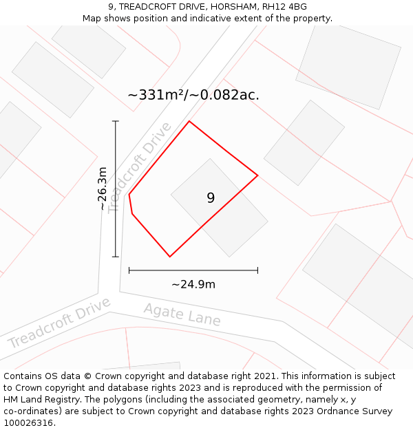 9, TREADCROFT DRIVE, HORSHAM, RH12 4BG: Plot and title map