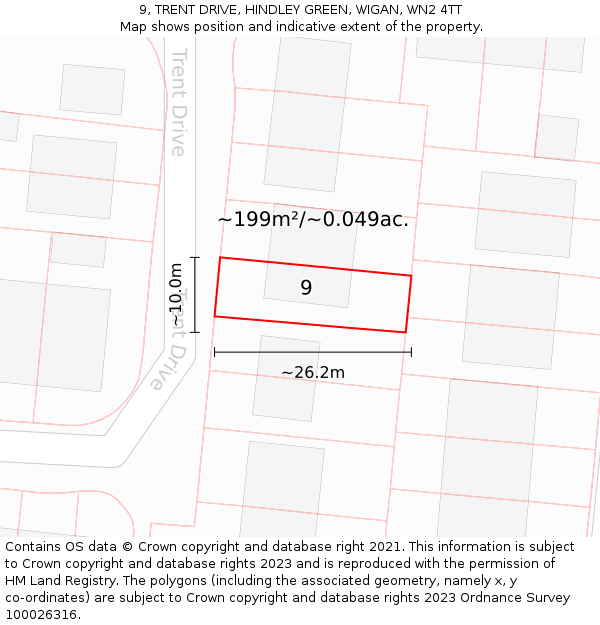 9, TRENT DRIVE, HINDLEY GREEN, WIGAN, WN2 4TT: Plot and title map